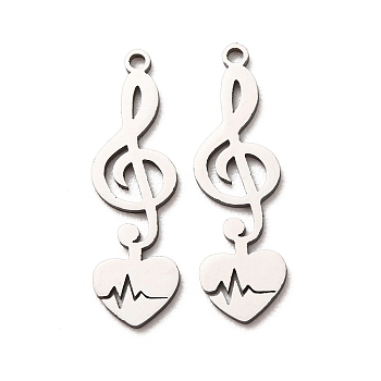 201 Stainless Steel Pendants, Musical Note with Heart Charms, Laser Cut, Stainless Steel Color, 27x8x1mm, Hole: 1.4mm