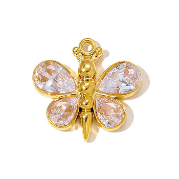 304 Stainless Steel Cubic Zirconia Pendants, Butterfly Charms, Ion Plating(IP), Mirror Polished Finish, Real 18K Gold Plated, Clear, 22x21mm, Hole: 1.5mm