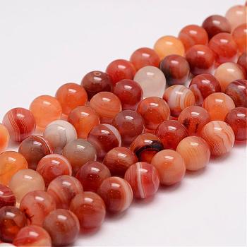Natural Striped Agate/Banded Agate Bead Strands, Round, Dyed, 10mm, Hole: 1mm, about 38pcs/strand, 15.5 inch