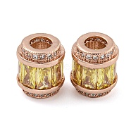 Rack Plating Brass Micro Pave Cubic Zirconia European Beads, Long-Lasting Plated, Lead Free & Cadmium Free, Column, Rose Gold, Yellow, 11.5x10mm, Hole: 4.5mm(KK-F089-31RG-06)