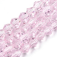 Imitation Austrian Crystal 5301 Bicone Beads, Faceted Glass Beads Strands, Pink, 6x6mm, Hole: 1.2mm, about 47~48pcs/strand, 10.24 inch~10.43 inch(26~26.5cm)(GLAA-S026-6mm-15)