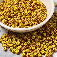 8/0 Opaque Colours Seep Glass Seed Beads, Round Hole, Round with Stripe Pattern, Gold, 3~3.5x2~3mm, Hole: 1mm, about 450g/bag(SEED-F003-04B-01)