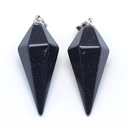 Synthetic Blue Goldstone Pointed Pendants, with Brass Findings, Bullet, Platinum, 38.5x16x14.5mm, Hole: 5x8mm(KK-E757-F-14P)