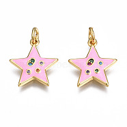 Brass Micro Pave Cubic Zirconia Enamel Charms, with Jump Rings, Nickel Free, Star, Real 16K Gold Plated, Hot Pink, 15x13.5x2mm, Jump Ring: 5x0.8mm, 3mm inner diameter(ZIRC-Q200-025E-NF)