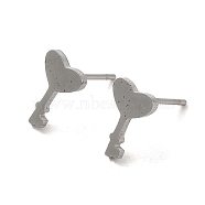 304 Stainless Steel Stud Earrings, Heart Key Shape, Stainless Steel Color, 10x7mm(EJEW-P244-03P)