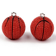 Opaque Resin Pendants, with Platinum Tone Iron Loop, Basketball Shape, Red, 26~28x22mm, Hole: 2mm(RESI-R426-16C)