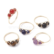 Natural Mixed Gemstone Finger Rings, Light Gold Copper Wire Wrapped Ring, Inner Diameter: 18~19mm(RJEW-JR00605)