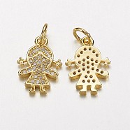 Electrophoresis Brass Micro Pave Cubic Zirconia Charms, Long-Lasting Plated, Girl, Golden, 15x10x1.5mm, Hole: 3mm(X-ZIRC-P047-14G)