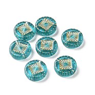 Transparent Acrylic Beads, Golden Metal Enlaced, Flat Round, Turquoise, 15.2x4.5mm,, Hole: 1.8mm, about 606pcs/500g(OACR-E015-04)