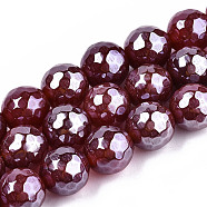 Electroplate Natural Agate Beads Strands, Dyed, Faceted, Pearl Luster Plated, Round, Dark Red, 10.5mm, Hole: 1.2mm, about 36~37pcs/strand, 14.37 inch~14.57 inch(36.5cm~37cm)(G-T131-55-08)
