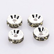 Brass Rhinestone Spacer Beads, Grade A, Straight Flange, Silver Color Plated, Rondelle, Black Diamond, 8x3.8mm, Hole: 1.5mm(RB-A014-Z8mm-12S)
