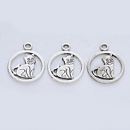 Tibetan Style Alloy Kitten Pendants, Cadmium Free & Lead Free, Ring with Cat Shape, Antique Silver, 23x18.5x1mm, Hole: 1.8mm(X-TIBE-R316-049AS-RS)