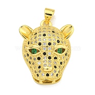 Brass Micro Pave Cubic Zirconia Pendants, Leopard Head Charms, Real 18K Gold Plated, 25x19.5x8.5mm, Hole: 3.5x3mm(KK-K354-13E-G)