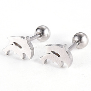 201 Stainless Steel Barbell Cartilage Earrings, Screw Back Earrings, with 304 Stainless Steel Pins, Dolphin, Stainless Steel Color, 5.5x8x2mm, Pin: 1mm(EJEW-R147-42)