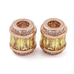 Rack Plating Brass Micro Pave Cubic Zirconia European Beads, Long-Lasting Plated, Lead Free & Cadmium Free, Column, Rose Gold, Yellow, 11.5x10mm, Hole: 4.5mm(KK-F089-31RG-06)