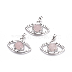 Natural Rose Quartz Pendants, with Platinum Tone Brass Findings and Crystal Rhinestone, Eye, 21.5x33.3x7.5mm, Hole: 7x5mm(G-L512-H11)
