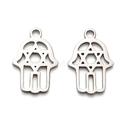 316 Surgical Stainless Steel Pendants, Laser Cut, Hamsa Hand/Hand of Miriam Charm, Stainless Steel Color, Eye, 15x10.5x1mm, Hole: 1.6mm(STAS-H190-05P-02)