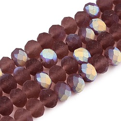 Transparent Glass Beads Strands, Faceted, Frosted, Half AB Color Plated, Rondelle, Purple, 8x6mm, Hole: 1mm, about 64~65pcs/strand, 40~41cm(EGLA-A044-T8mm-MB13)