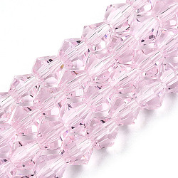 Imitation Austrian Crystal 5301 Bicone Beads, Faceted Glass Beads Strands, Pink, 6x6mm, Hole: 1.2mm, about 44~47pcs/strand, 24.5~25cm(GLAA-S026-6mm-15)