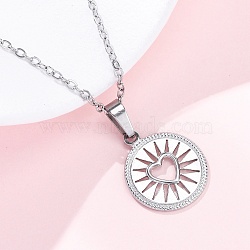 Flat Round with Heart 304 Stainless Steel Pendant Necklaces, Stainless Steel Color, 17.99 inch(45.7cm)(NJEW-H059-15P)