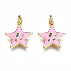 Brass Micro Pave Cubic Zirconia Enamel Charms, with Jump Rings, Nickel Free, Star, Real 16K Gold Plated, Hot Pink, 15x13.5x2mm, Jump Ring: 5x0.8mm, 3mm inner diameter(ZIRC-Q200-025E-NF)