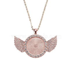 Alloy Big Pendants Cabochon Settings, with Crystal Rhinestone, Cadmium Free & Lead Free, Flat Round with Wing, Rose Gold, Tray: 25mm, 41.5x60x3.5mm, Hole: 5x3.5mm(FIND-YW0001-20B-RG)