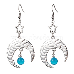 Antique Silver Alloy Star & Moon Dangle Earrings, with Glass Beads, Sky Blue, 70.5x32.5mm(EJEW-JE05637-05)