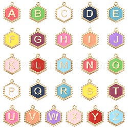 52Pcs Alloy Enamel Pendants, Golden, Letter A~Z Charm, Hexagon, 20x15.5x2mm, Hole: 1.2mm(ENAM-CJ0007-07D)