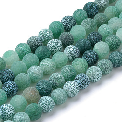 Natural & Dyed Crackle Agate Beads Strands, Frosted Style, Round, Green, 10mm, Hole: 1.2mm, about 37~40pcs/strand, 14.9~15.1 inch(38~38.5cm)(X-G-T056-10mm-06)