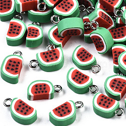 Handmade Polymer Clay Charms, with Platinum Iron Findings, Watermelon, Lime Green & Red, 14~16x8x4.5mm, Hole: 1.8mm(X-CLAY-T016-53)