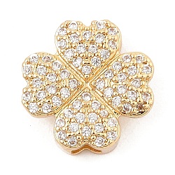 Brass Micro Pave Cubic Zirconia Slide Charms, Long-Lasting Plated, Clover, Golden, 13x13x4mm, Hole: 1.5x2mm(ZIRC-I068-06G-01)