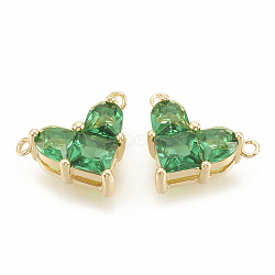 Brass Cubic Zirconia Charms, Nickel Free, Real 18K Gold Plated, Heart, Green, 9.5x12x4.5mm, Hole: 1mm(KK-S340-12G-03)