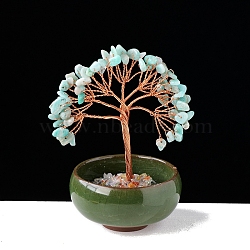 Natural Amazonite Chips Tree of Life Decorations with Bowl Base, Copper Wire Feng Shui Energy Stone Gift for Women Men Meditation, 80~100mm(PW-WG1DC7A-10)