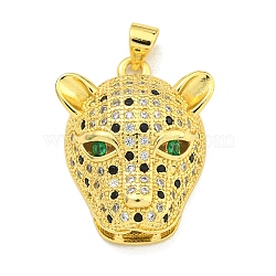 Brass Micro Pave Cubic Zirconia Pendants, Leopard Head Charms, Real 18K Gold Plated, 25x19.5x8.5mm, Hole: 3.5x3mm(KK-K354-13E-G)