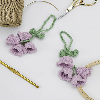 2Pcs Lily of the Valley Kintting Cotton Wool Pendant Decorations, for Bag Keychain Car Decorations, Lilac, 130~140mm