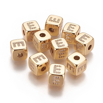 Brass Micro Pave Cubic Zirconia Beads, Horizontal Hole, Real 18K Gold Plated, Long-Lasting Plated, Cube with Letter, Clear, Letter.E, 9x9x9mm, Hole: 3.5mm
