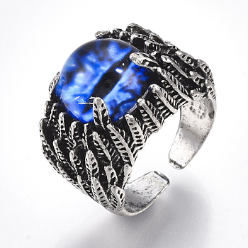 Alloy Glass Cuff Finger Rings, Wide Band Rings, Dragon Eye, Antique Silver, Blue, Size 10, 20mm