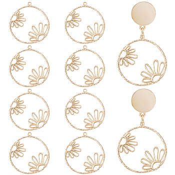 Brass Pendants, Flat Round with Flower Charm, Light Gold, 28x25.5x1.5mm, Hole: 1.2mm, 10pcs/box