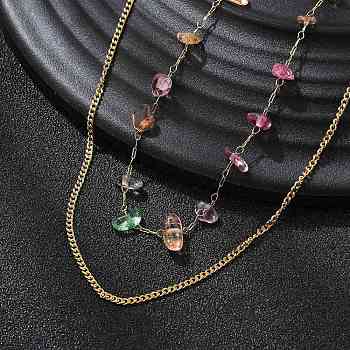 304 Stainless Steel & Natural Mixed Stone Colorful Chip Double Layer Necklaces for Women, Real 18K Gold Plated, 16.42 inch(41.7cm)