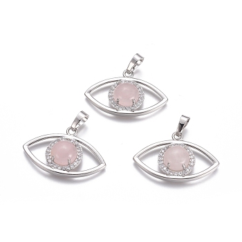 Natural Rose Quartz Pendants, with Platinum Tone Brass Findings and Crystal Rhinestone, Eye, 21.5x33.3x7.5mm, Hole: 7x5mm