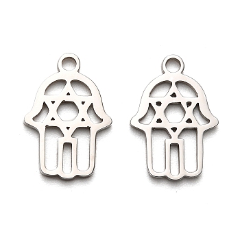 316 Surgical Stainless Steel Pendants, Laser Cut, Hamsa Hand/Hand of Miriam Charm, Stainless Steel Color, Eye, 15x10.5x1mm, Hole: 1.6mm