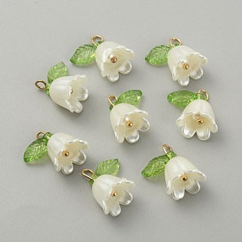 Opaque Resin Pendants, Bell Orchid Flower Charms with Leaf, with Golden Tone Iron Findings, Snow, 14x13x10.5mm, Hole: 3x2mm