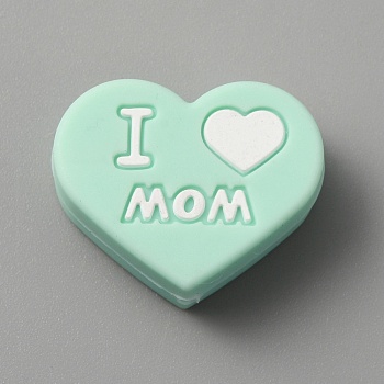 Heart with Word I Love Mom Silicone Beads, Aquamarine, 19.5x25x10mm, Hole: 2.5mm