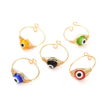 Copper Wire Wrapped Handmade Lampwork Adjustable Rings for Women or Men, Evil Eye Cuff Finger Rings, Real 18K Gold Plated, Mixed Color, 1mm, Inner Diameter: 19mm