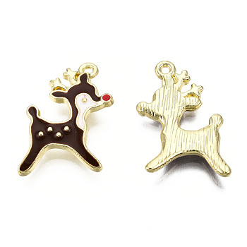Golden Plated Alloy Enamel Pendants, Christmas Reindeer/Stag, Coconut Brown, 21x14x2mm, Hole: 1mm
