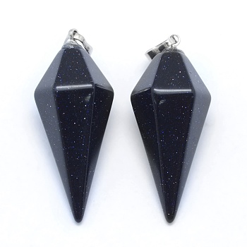 Synthetic Blue Goldstone Pointed Pendants, with Brass Findings, Bullet, Platinum, 38.5x16x14.5mm, Hole: 5x8mm