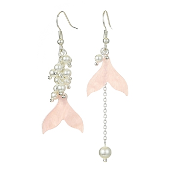 Resin Mermaid Tail Asymmetrical Earrings, Shell Pearl Dangle Earrings with Brass Earring Pins, Pink, 56x19mm, 69.5x19mm