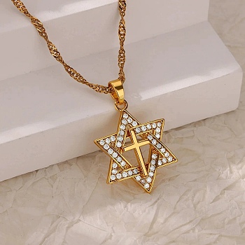 304 Stainless Steel Micro Pave Clear Cubic Zirconia Pendant Necklaces for Women, Real 18K Gold Plated, Star of David, 15.55 inch(39.5cm)