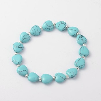 Heart Synthetic Turquoise Stretch Bracelets, with Silver Color Plated Iron Finding, 57mm