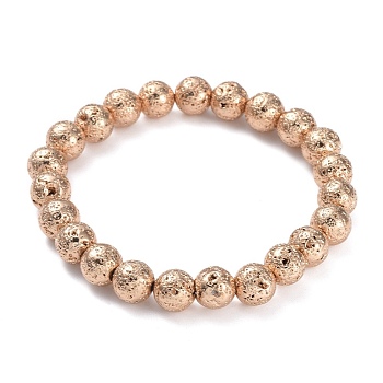 Electroplated Natural Lava Rock Beads Stretch Bracelets, Long-Lasting Plated, Round, Light Gold Plated, 2-1/4 inch(5.6cm), Bead: 8.5~9mm